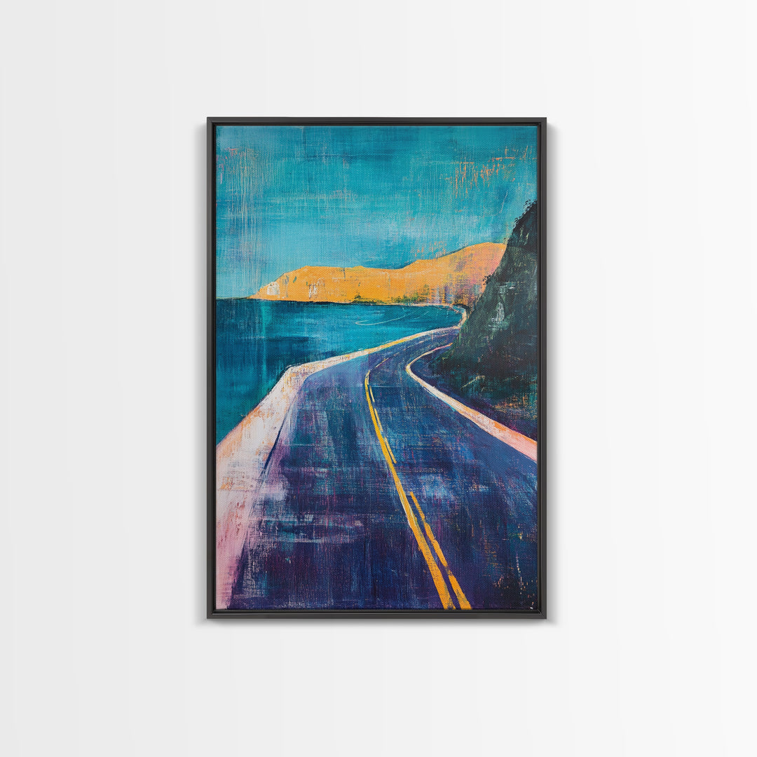 Coastal Highway, surf wall art, coastal decor, scenic road painting, living room art, minimalist art, Framed Canvas Print, gift idea