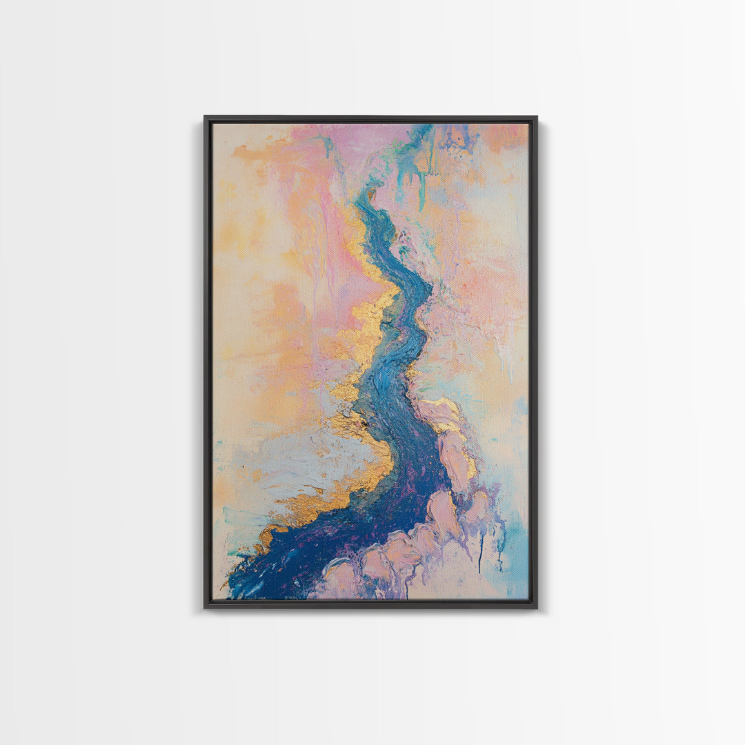 River Gold, gemstone painting, abstract landscape painting, pastel wall art, wabi sabi wall art, Framed Canvas Print, gift idea for her