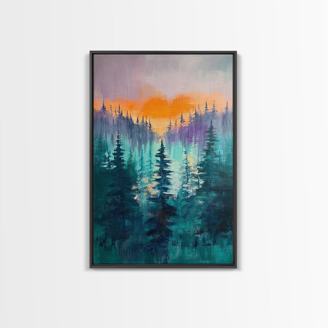 pine tree art, landscape painting, framed canvas print, mountain painting, forest at dusk painting, rustic wall art, gift idea