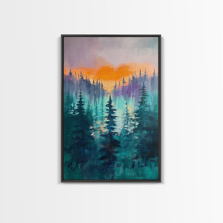 pine tree art, landscape painting, framed canvas print, mountain painting, forest at dusk painting, rustic wall art, gift idea