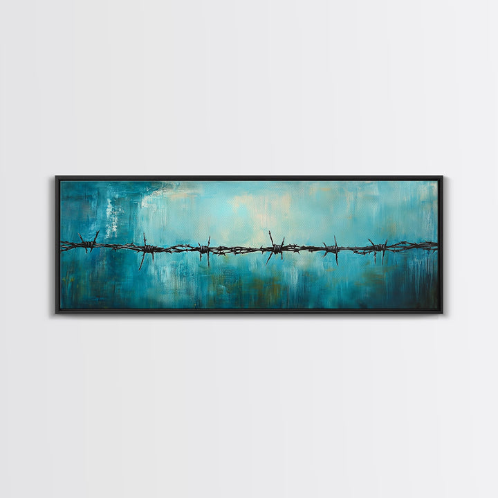 Barbed Wire Minimalist Painting, Blue and Black Modern Wall Art, Industrial Urban Aesthetic, Bold Statement Office, Canvas Print