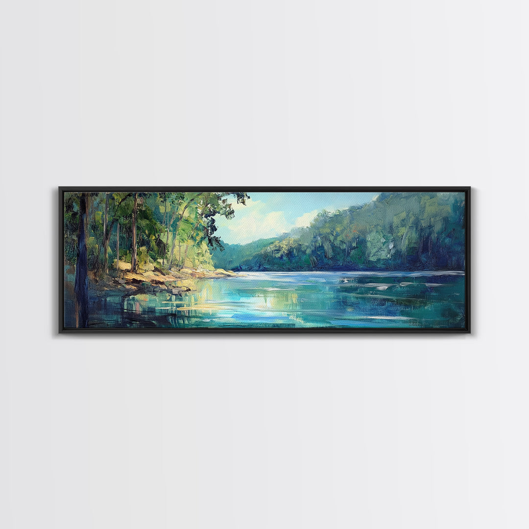 River Valley Framed Canvas Print Tranquil Nature Wall Art, Lush Green Landscape, Summer Cabin Artwork, Rustic Living Room Decor