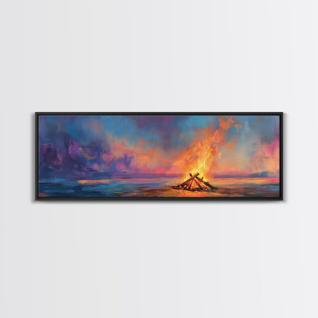 Beach Bonfire Sunset Painting, Vibrant Coastal Seascape Art, Ocean Night Sky Wall Decor, Warm Living Room, Framed Canvas Print