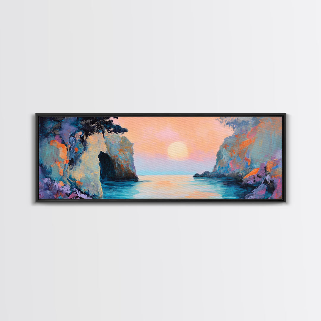 Romantic Sunset Bay Framed Canvas Print Coastal Landscape Wall Art Pastel Tones Boho Home Decor Bedroom Living Room Gift