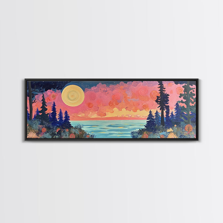 Mystical Moonlight Landscape Framed Canvas Print, Dreamy Forest Art, Boho Sunset Wall Art, Celestial Painting, Living Room Decor