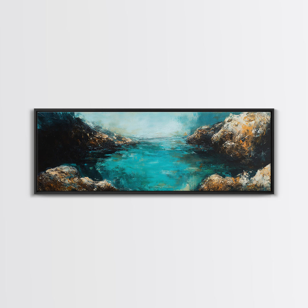 Rocky Cove Ocean Art Framed Canvas Print Textured Seascape Wall Decor Coastal Home Accent Nautical Painting Bedroom or Living Room Gift