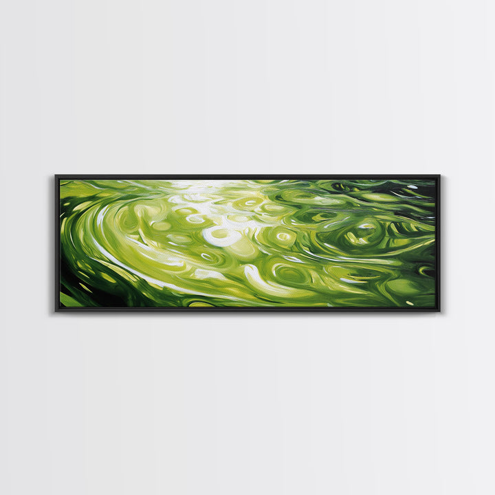 Abstract Green Swirl Painting, Modern Contemporary Wall Art, Nature Inspired Water Reflection, Trendy Office, Framed Canvas Print