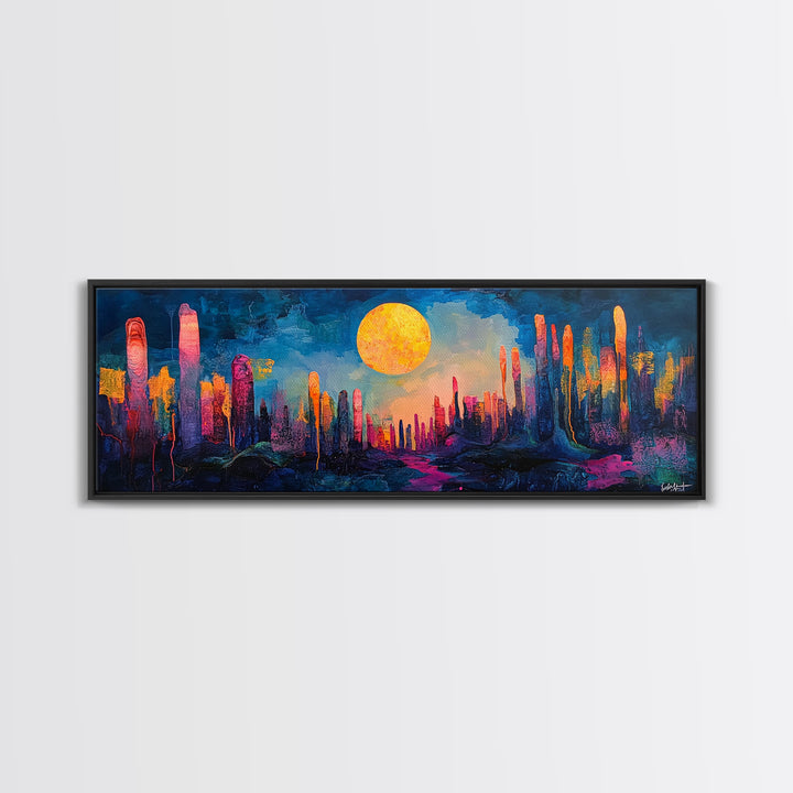 Neon Moon Fantasy Canvas Print - Vibrant Sci-Fi Cityscape Painting, Psychedelic Wall Art, Trippy Room Aesthetic, Urban Decor
