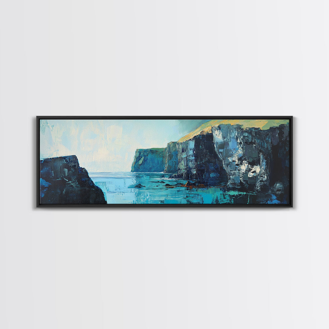 Coastal Cliffs Canvas Print Seascape Wall Art Ocean Waves Painting Nautical Decor Blue Tones Abstract Beach House Living Room Art