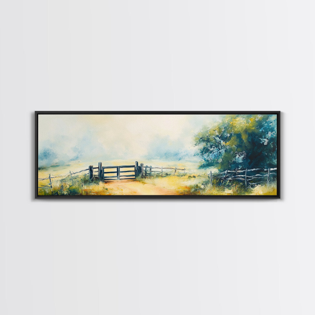 Country Gate Painting Rustic Farmhouse Landscape Art Tranquil Field Wall Decor Cozy Pastoral Artwork Entryway