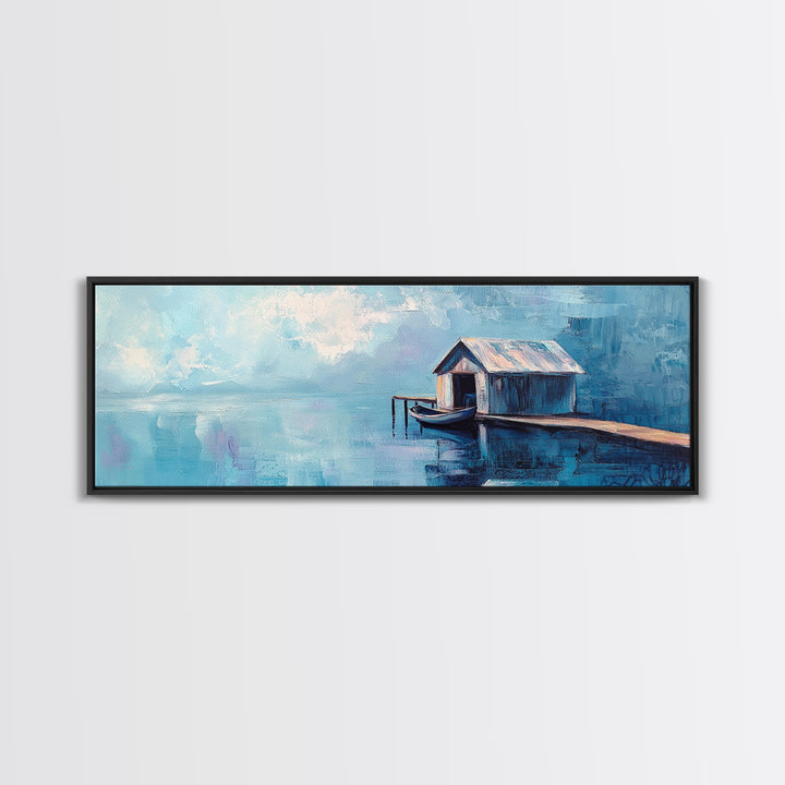 Blue Boathouse Canvas Print Tranquil Lake Scene Wall Art Nautical Cabin Decor Coastal Painting Minimalist Blue Wall Art Living Room