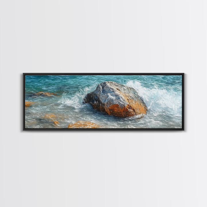 Ocean Rock Waves Framed Canvas Print Coastal Nature Wall Art, Beach Landscape Painting, Rustic Seascape Decor, Home Accent