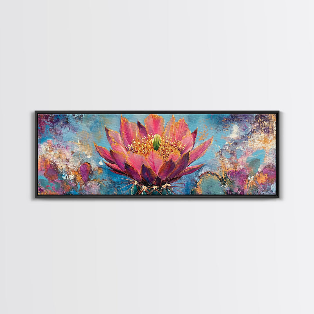 Blooming Cactus Art Framed Canvas Print Boho Floral Wall Art Desert Home Decor Vibrant Succulent Painting Southwestern Gift