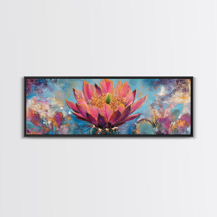 Blooming Cactus Art Framed Canvas Print Boho Floral Wall Art Desert Home Decor Vibrant Succulent Painting Southwestern Gift
