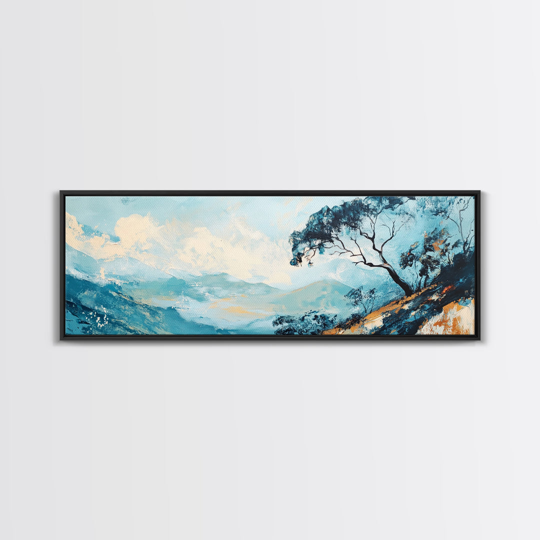 Blue Mountains, Windswept Tree, Minimalist Wall Art, Canvas Print, Modern Landscape, Bedroom Decor, Serene Nature Painting, Abstract Art
