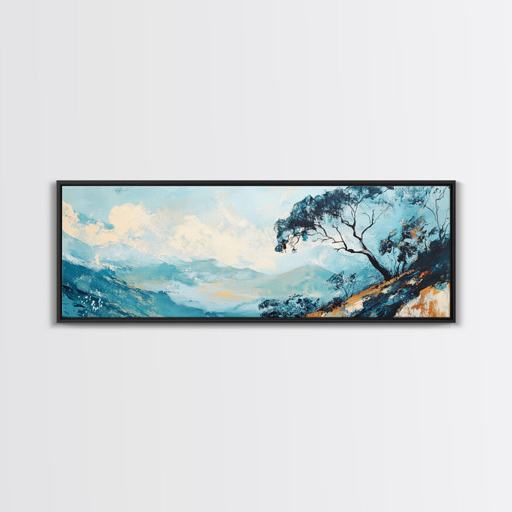 Blue Mountains, Windswept Tree, Minimalist Wall Art, Canvas Print, Modern Landscape, Bedroom Decor, Serene Nature Painting, Abstract Art
