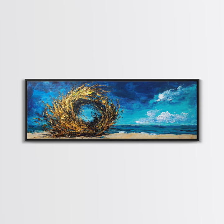 Ocean Swirl, Golden Waves, Abstract Beach Art, Framed Canvas Print, Modern Coastal Decor, Statement Wall Art, Ocean Vortex, Vibrant Blue