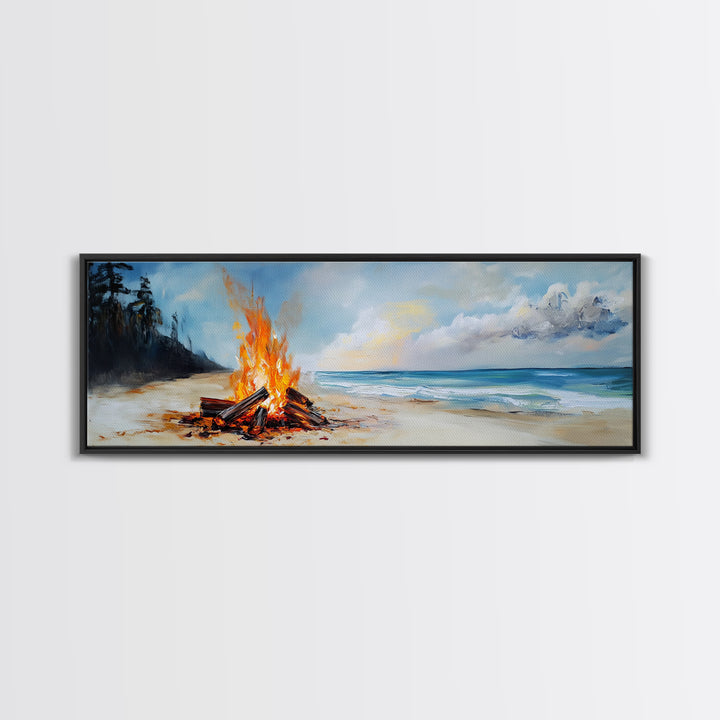 Beach Bonfire Glow Framed Canvas Print Coastal Sunset Wall Art Ocean Retreat Decor Vibrant Campfire Painting Summer Gift