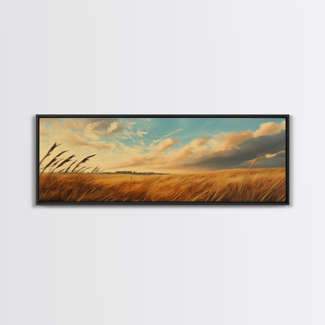Golden Fields, Autumn Wind Art, Rustic Country Landscape, Farmhouse Home Decor, Living Room Art, Canvas Print, Framed Canvas Print