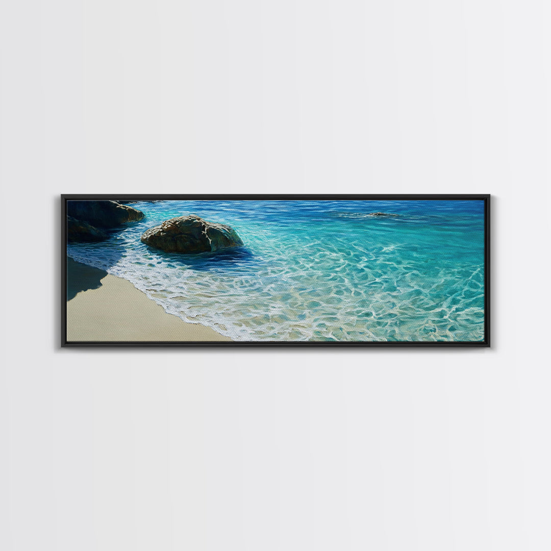 Ocean Shoreline Framed Canvas Print Coastal Beach Wall Art, Large Seascape Painting, Blue Sea Waves, Nautical Art, Bedroom Decor