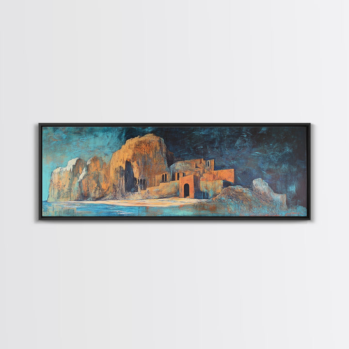 Ancient Ruins Canvas Print Rustic Landscape Wall Art, Mediterranean Decor, Boho Earthy Art, Dark Blue and Orange, Living Room Artwork