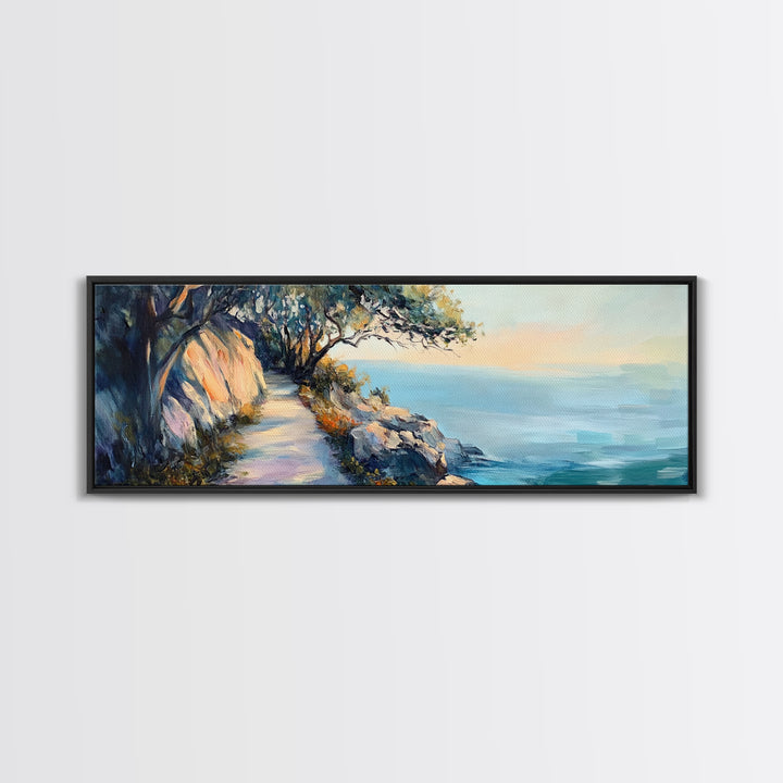 Coastal Cliff Walk Framed Canvas Print Serene Beach Pathway Painting, Sunset Seaside Art, Nature Landscape, Relaxing Home Wall Decor