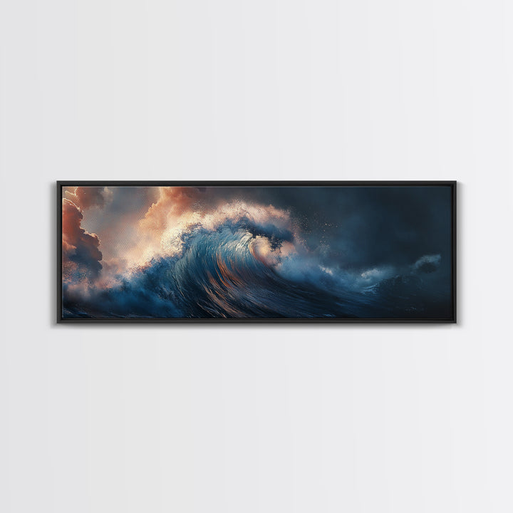 Dramatic Ocean Wave Framed Canvas Print Moody Seascape Wall Art, Deep Blue Stormy Sea Decor, Statement Living Room or Office Art
