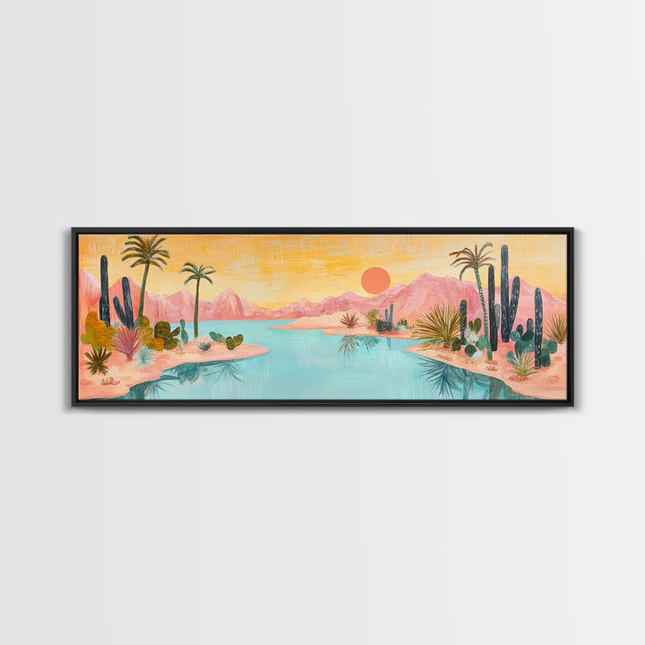 Desert Oasis Landscape Wall Art, Cactus and Palm Trees Painting, Boho Sunset Artwork, Southwest Home Decor, Warm Pink Art