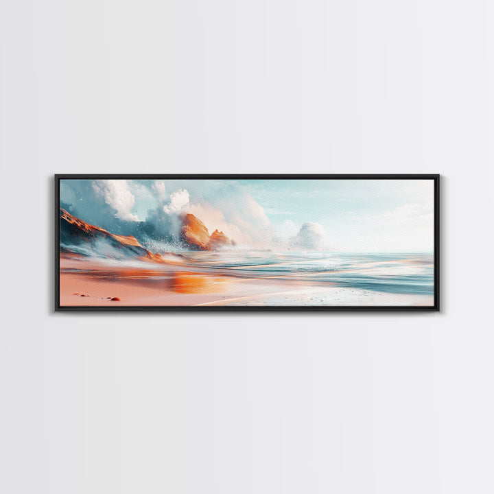 Ocean Wave Sunset Wall Art, Beach Coastal Painting, Serene Seascape Artwork, Relaxing Nautical Decor, Modern Home Accent