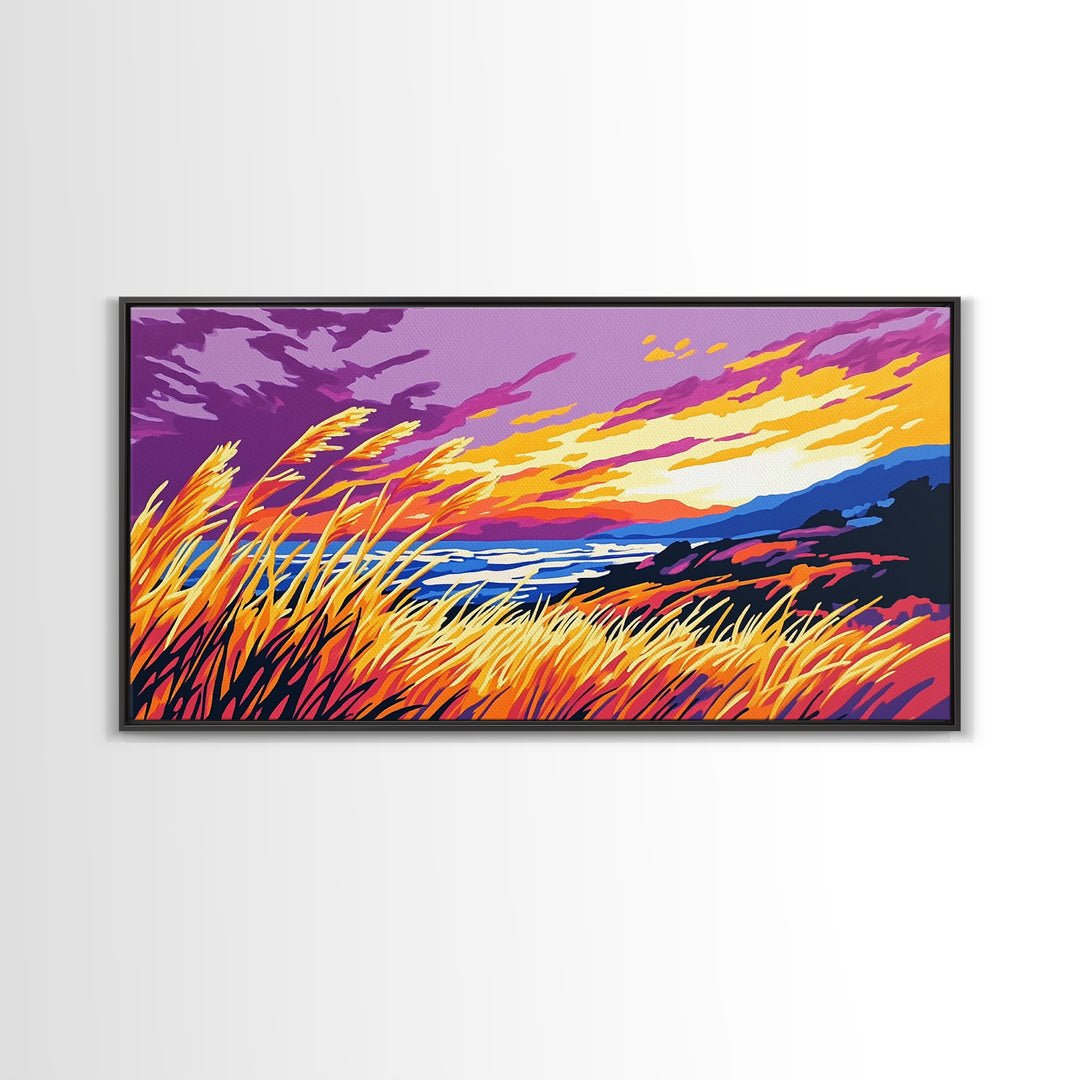 Ocean Sunset Grass, Framed Canvas Print, Coastal Wall Art, Vibrant Nature Painting, Boho Landscape, Beach House Decor, Living Room Art