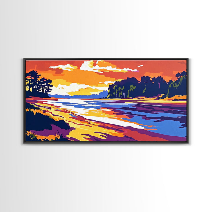 Ocean Shore, Sunset Glow, Coastal Serenity, Framed Canvas Print, Beach House Wall Art, Nautical Decor, Vibrant Seascape Painting