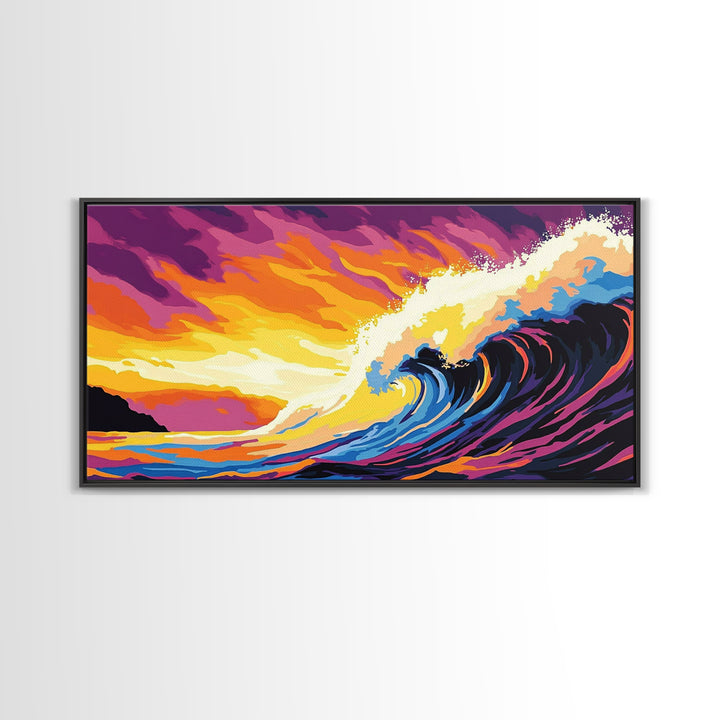 Ocean Wave, Sunset Horizon, Coastal Painting, Seascape Art, Framed Canvas Print, Beach House Wall Decor, Surfer Aesthetic Home Art
