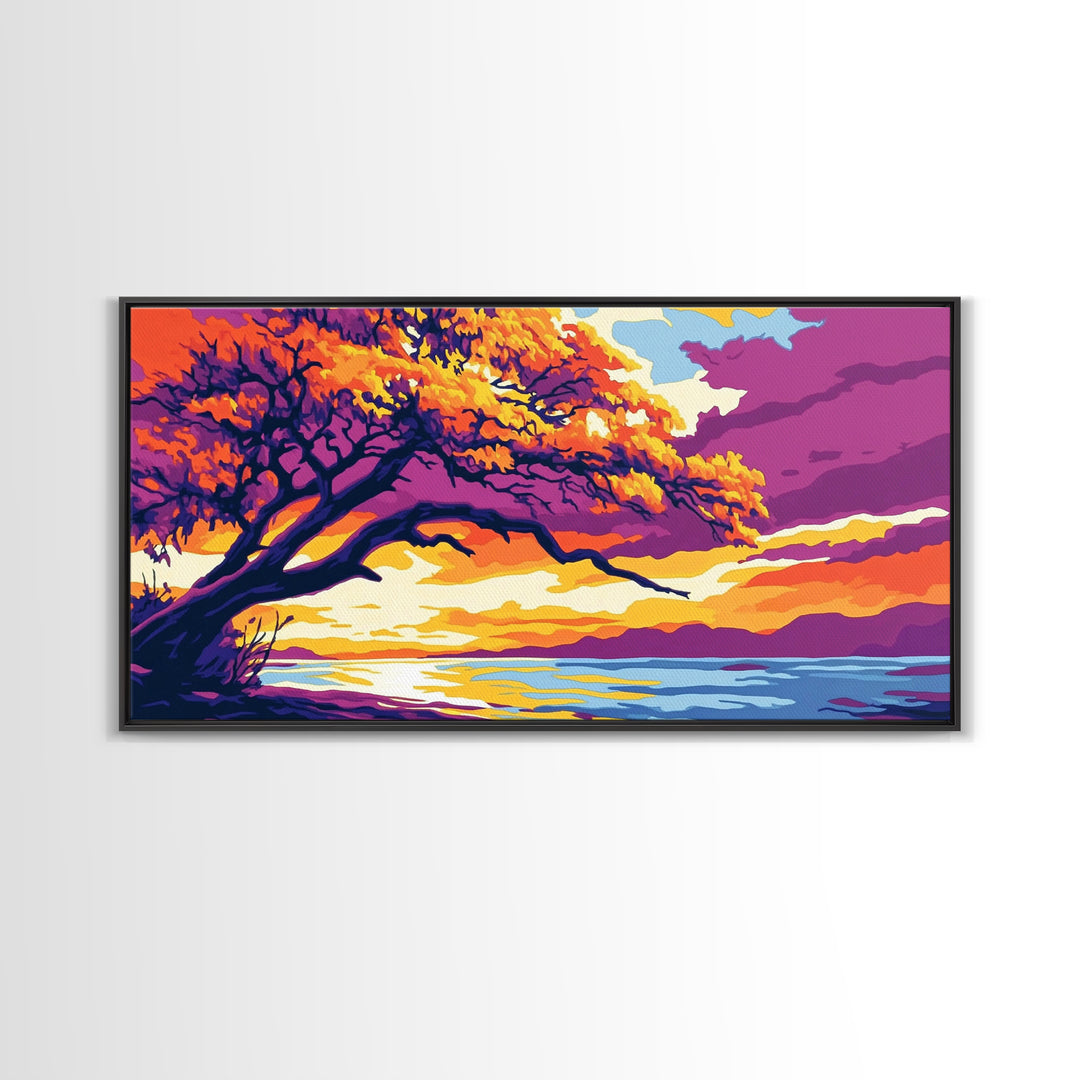 Majestic Tree, Lakeside Sunset, Vibrant Nature Art, Canvas Print, Modern Boho Decor, Living Room Wall Art, Autumn Landscape Painting