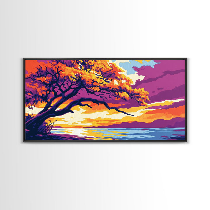 Majestic Tree, Lakeside Sunset, Vibrant Nature Art, Canvas Print, Modern Boho Decor, Living Room Wall Art, Autumn Landscape Painting