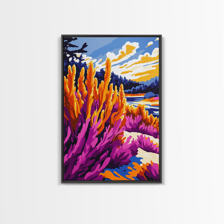 Mountain Wildflower Art, Scenic Landscape Print, Vibrant Nature Painting, Rustic Outdoor Decor, Framed Canvas Print, Boho Cabin Wall Art