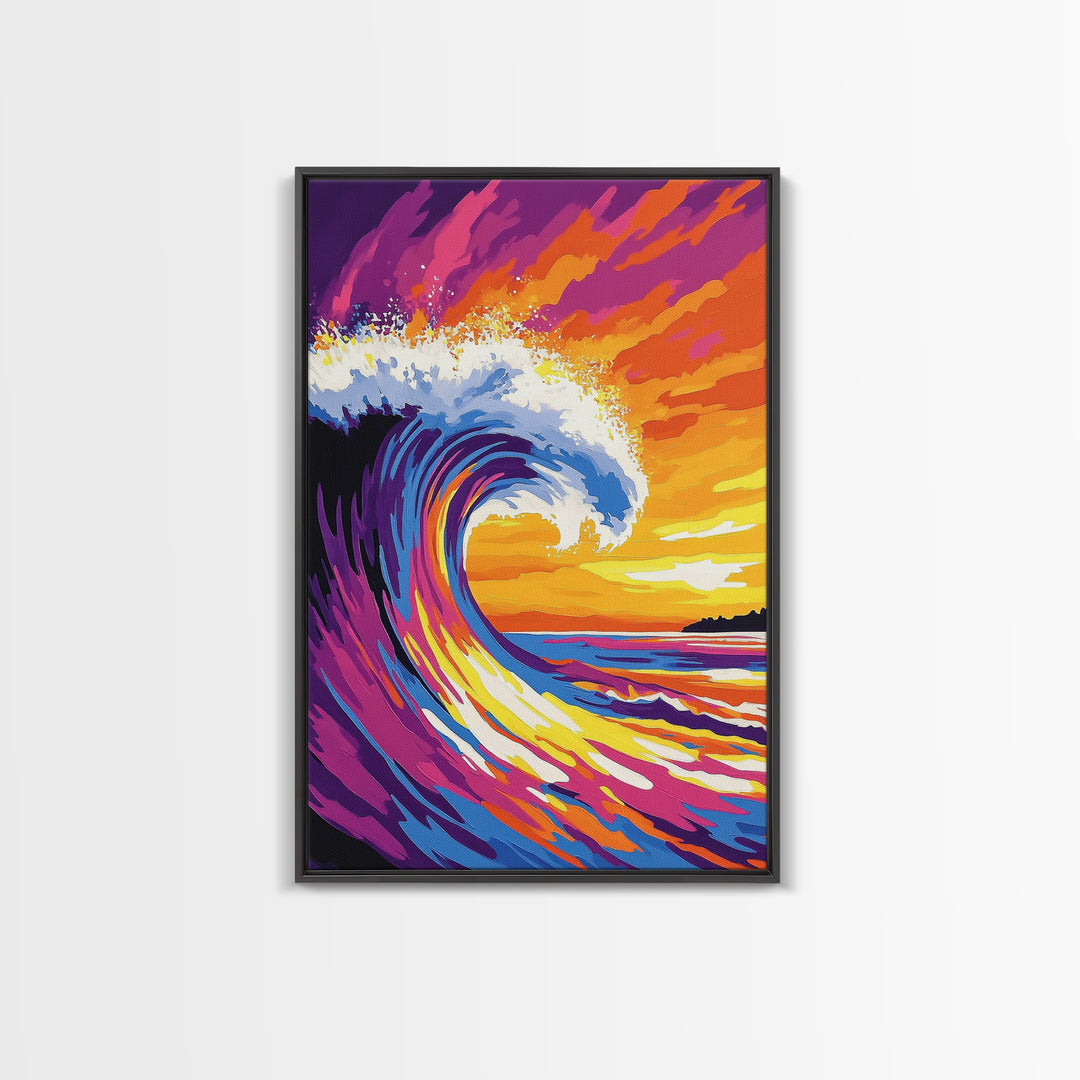 Ocean Wave, Splash, Power, Sunset, Framed Canvas Print, Coastal Decor, Surf Art, Beach House Wall Art, Nautical Theme, Vibrant Blue