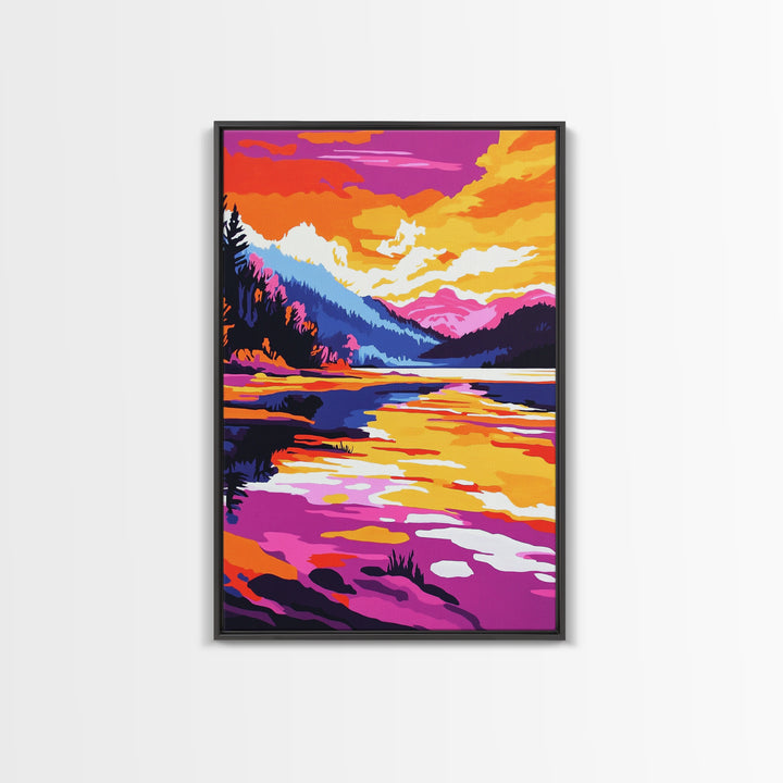 River Valley, Sunset Landscape, Colorful Art, Framed Canvas Print, Nature Wall Decor, Cozy Home Aesthetic, Warm Tones, Rustic Painting