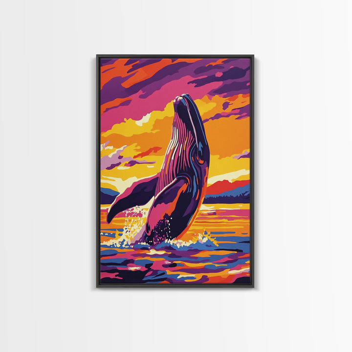 Breaching Whale, Ocean Wildlife Art, Nautical Home Decor, Coastal Sunset Art, Framed Canvas Print, Living Room Wall Art, Marine Painting