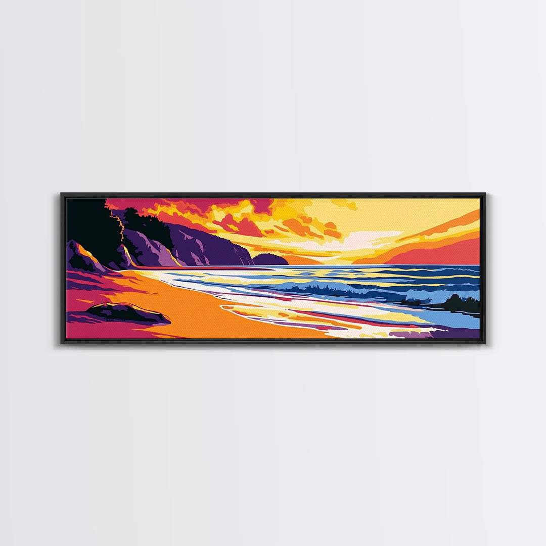 Ocean Shore, Vibrant Sunset, Golden Beach, Coastal Landscape, Canvas Print, Beach House Decor, Nautical Wall Art, Relaxing Aesthetic