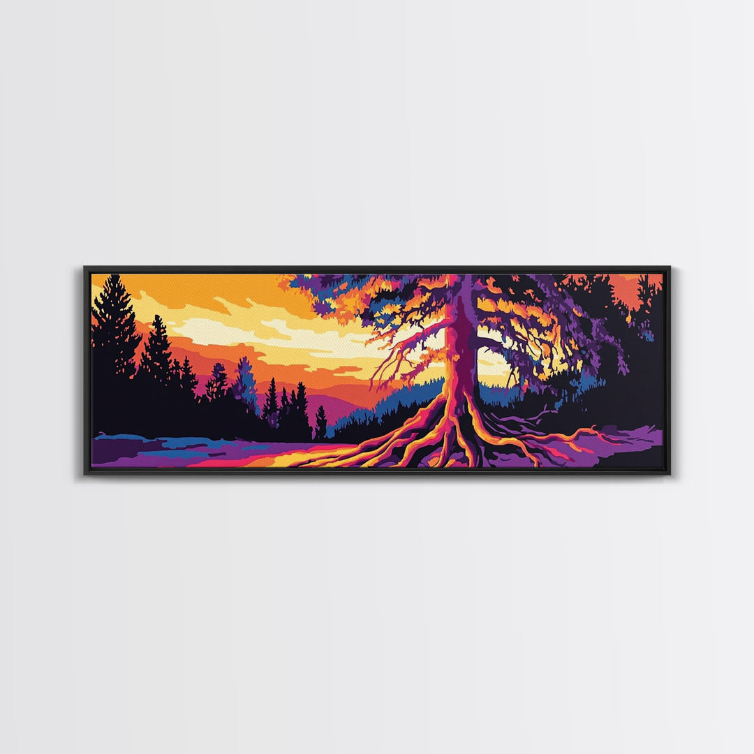 Vibrant Tree, Sunset Art, Framed Canvas Print, Nature Wall Decor, Psychedelic Art, Boho Landscape, Large Wall Art, Office Decor
