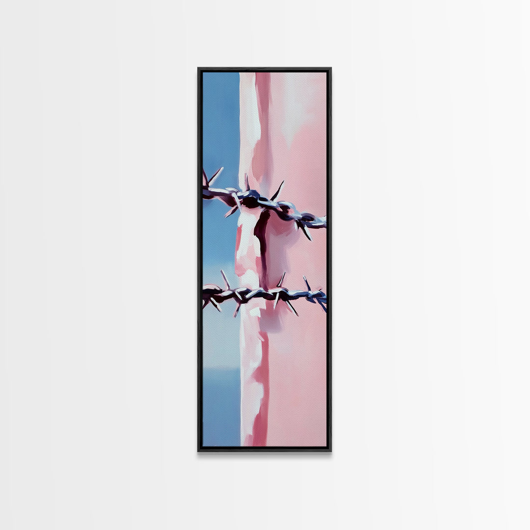 Barbed Wire Closeup, Modern Western, Pink and Blue Art, Framed Canvas Print, Minimalist Wall Art, Rustic Decor, Entryway Wall Art