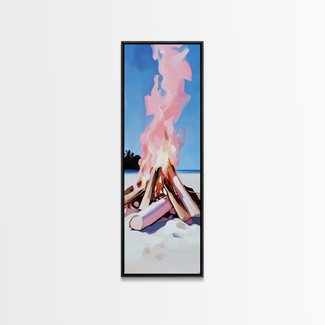 Bonfire Glow, Beach Campfire, Pink Flame Art, Framed Canvas Print, Coastal Decor, Warm Aesthetic, Living Room or Bedroom Wall Art