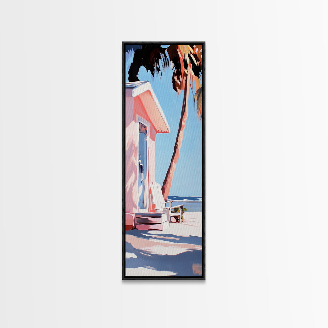 Pink Beach House, Coastal Retreat, Palm Tree Art, Framed Canvas Print, Tropical Decor, Modern Minimalist, Vacation Vibes, Wall Art