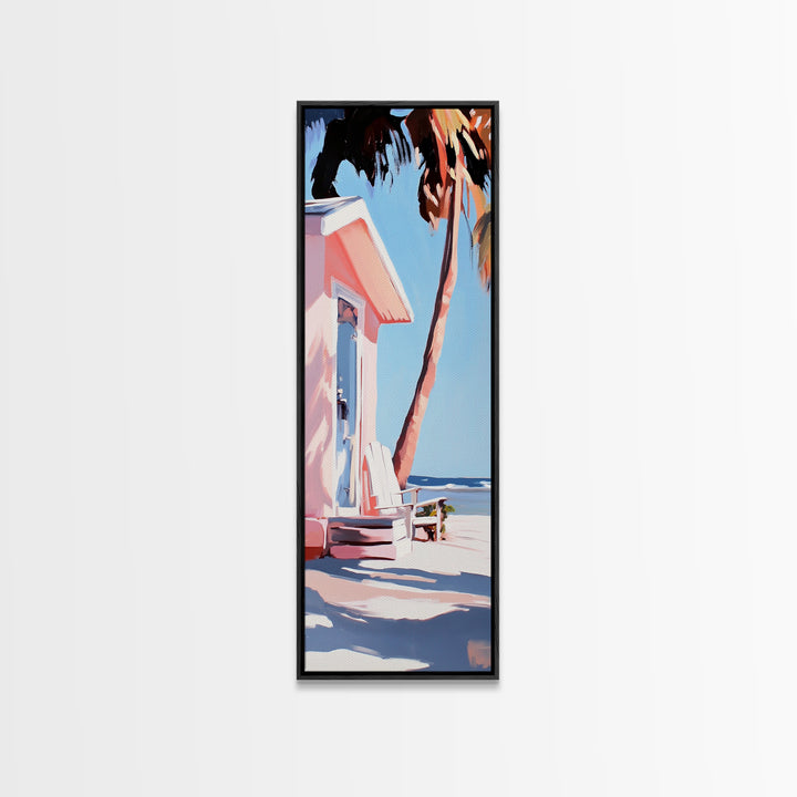 Pink Beach House, Coastal Retreat, Palm Tree Art, Framed Canvas Print, Tropical Decor, Modern Minimalist, Vacation Vibes, Wall Art