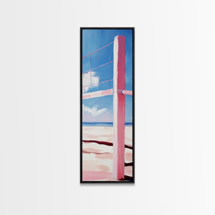 Beach Volleyball Net, Summer Fun, Pink Aesthetic, Framed Canvas Print, Modern Minimalist, Coastal Sports, Vacation Home Wall Art
