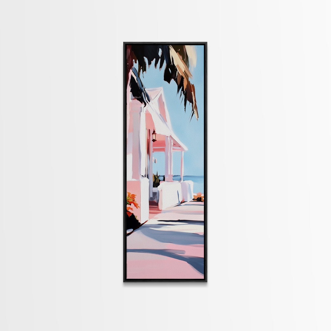 Beach House, Oceanfront Living, Coastal Home, Framed Canvas Print, Tropical Wall Art, Soft Pastel Aesthetic, Living Room Wall Art