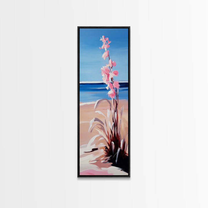 Beach Flowers, Ocean View, Coastal Art, Framed Canvas Print, Boho Seascape, Serene Landscape, Minimalist Beach Decor, Living Room Art