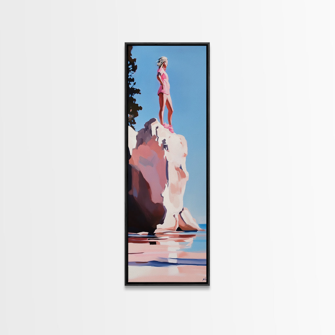 Coastal Adventure, Pink and Blue Art, Minimalist Beach Scene, Modern Landscape, Travel Inspiration, Contemporary Framed Canvas Print
