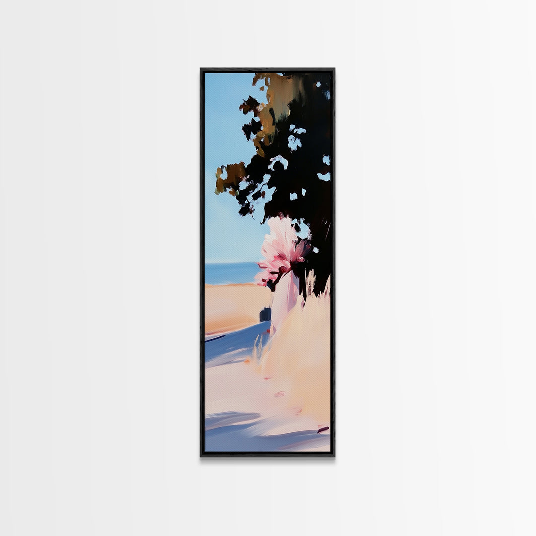 Coastal Serenity, Sunlit Landscape Art, Beachside Tranquility, Nature Inspired, Peaceful Horizon, Warm Aesthetic, Living Room Canvas Print