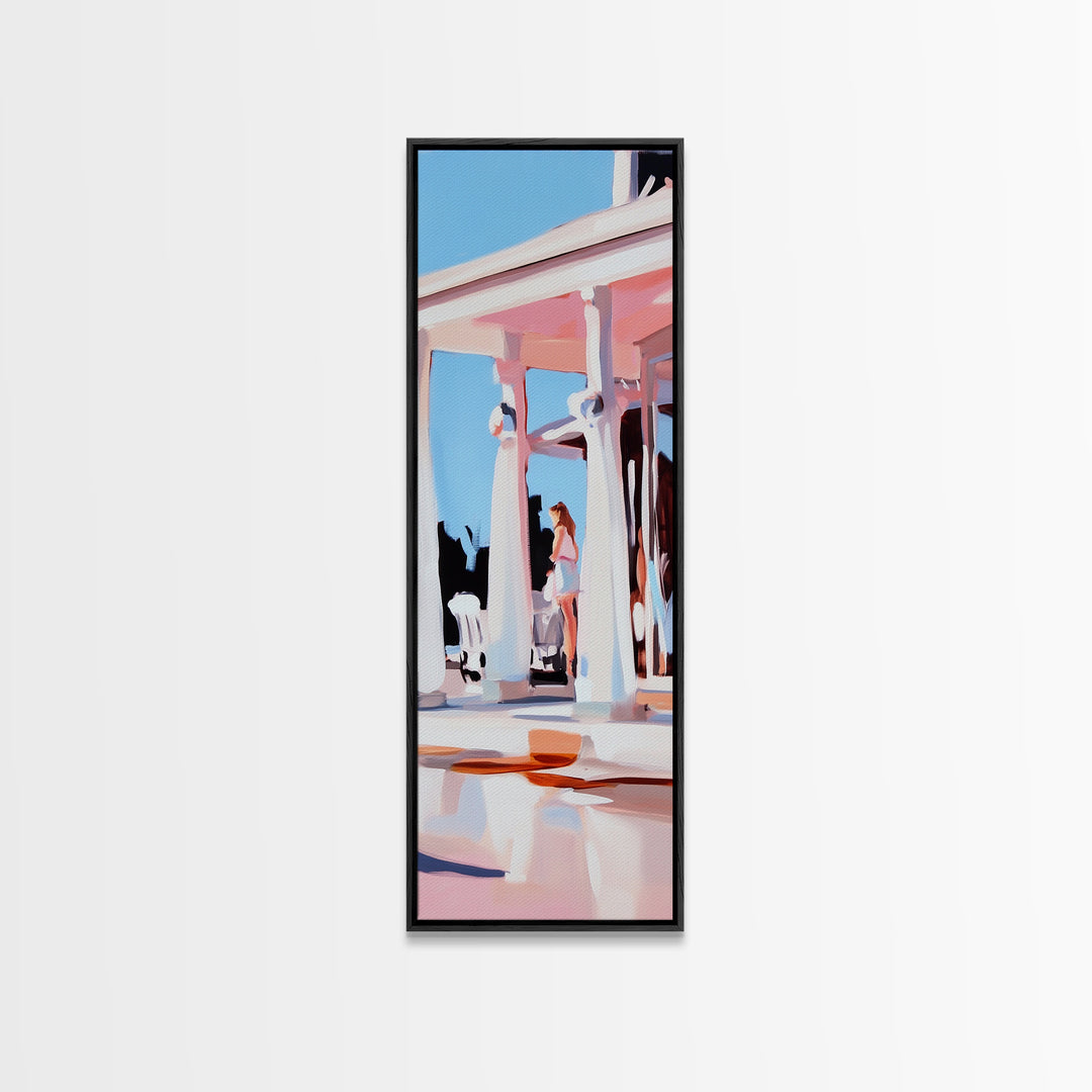 Coastal Columns, Summer Escape, Warm Pastels, Architecture Art, Framed Canvas Print, Living Room Wall Art, Modern Decor, Beach House Style